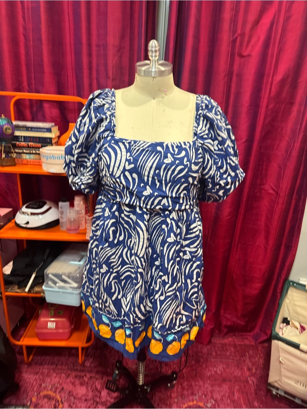 Primark Blue & White Puff-Sleeve Mini Dress with Orange Hem Accents